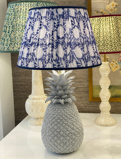 Indigo block print lampshade on pineapple lamp