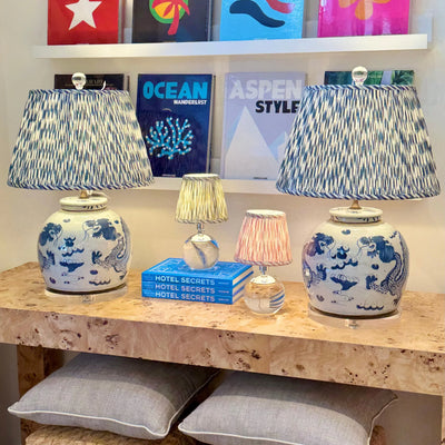 Ian Sanderson Lampshades on Large Blue and White Lamps