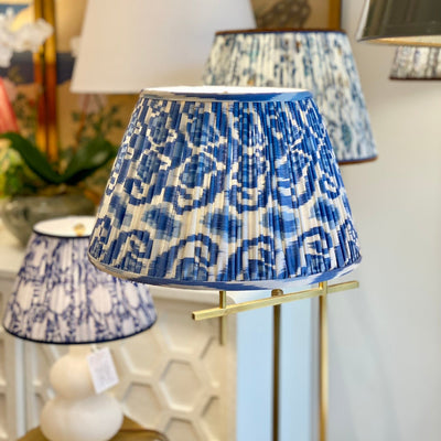 blue and white ikat lampshade on floor lamp