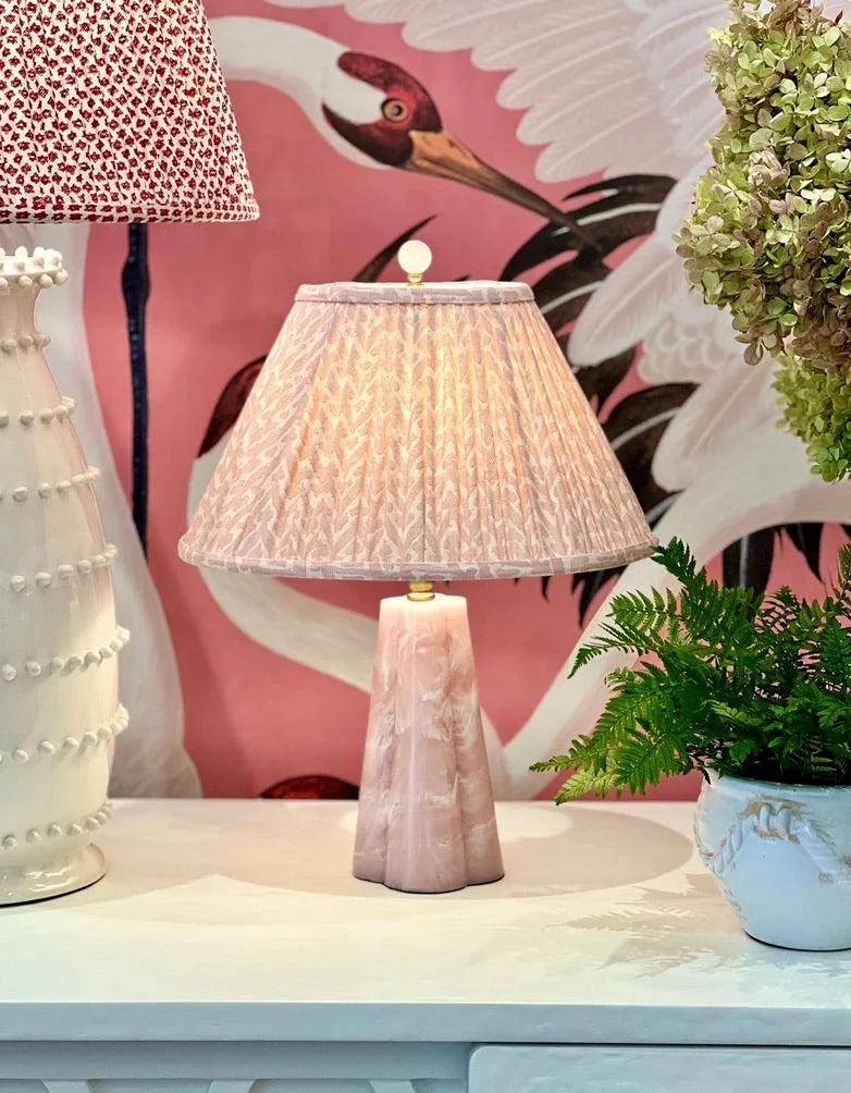 Pink Fermoie lampshade on a pink stone lamp