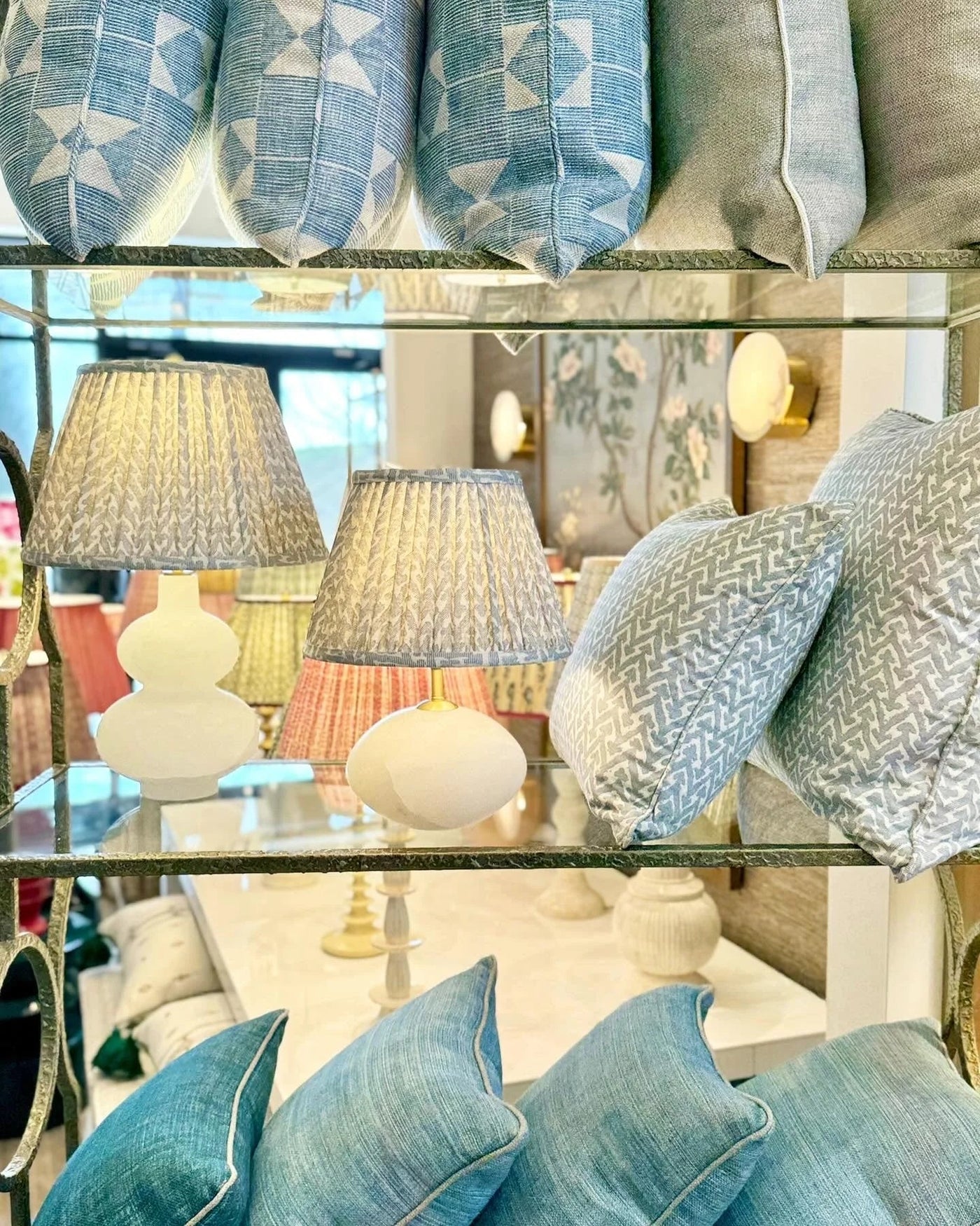 Fermoie Light Blue Rabanna Lampshades and Pillows
