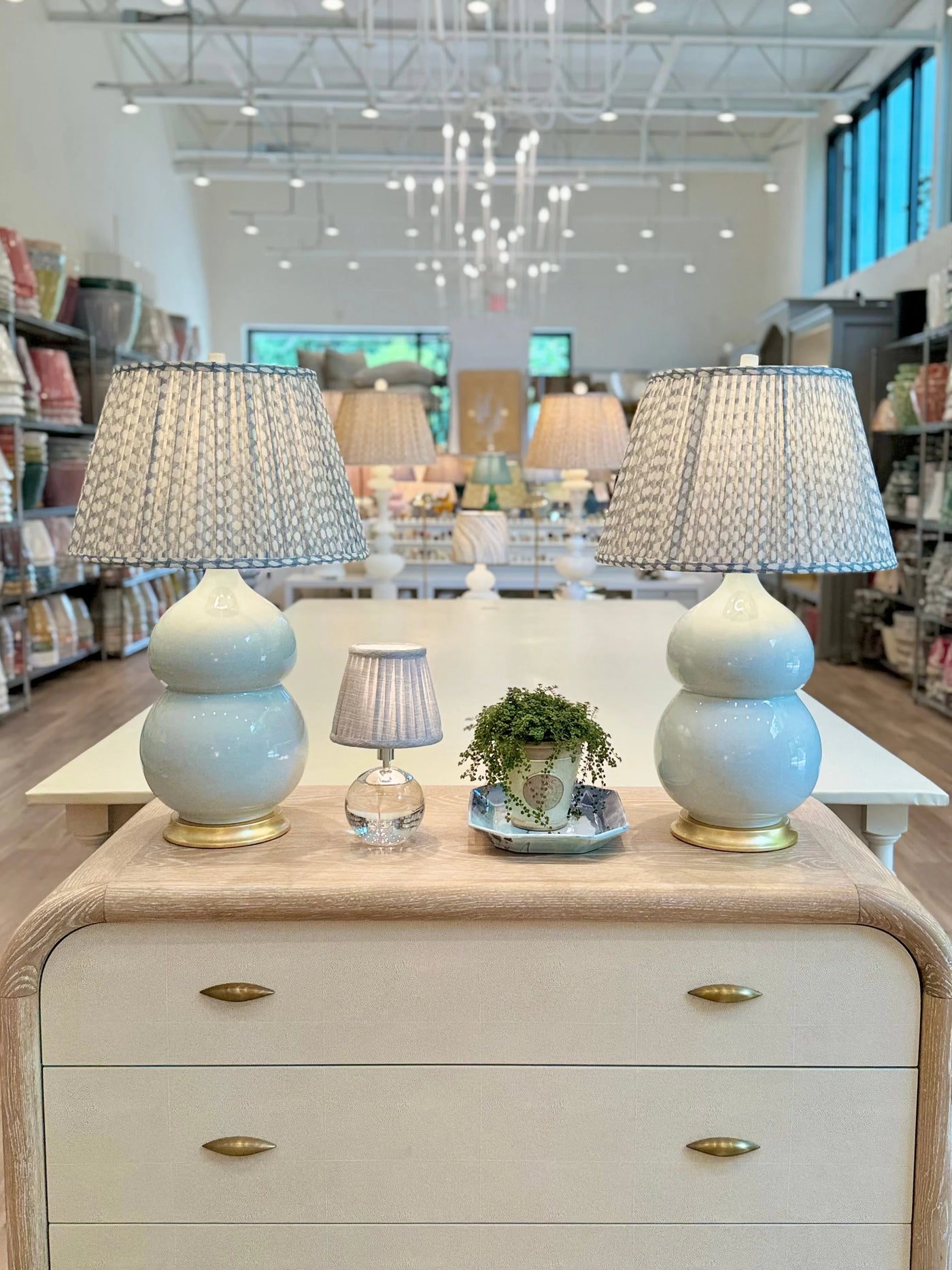 Fermoie Light Blue Wicker Lampshades on Hwang Bishop lamps