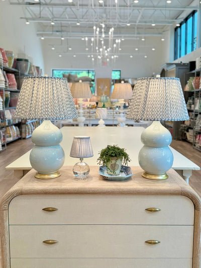 Fermoie Light Blue Wicker Lampshades on Hwang Bishop lamps