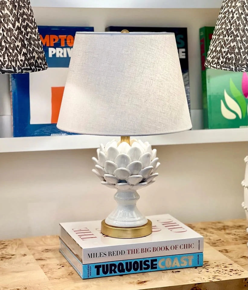 Linen hardback lampshade on an artichoke lamp