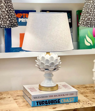 Linen hardback lampshade on an artichoke lamp