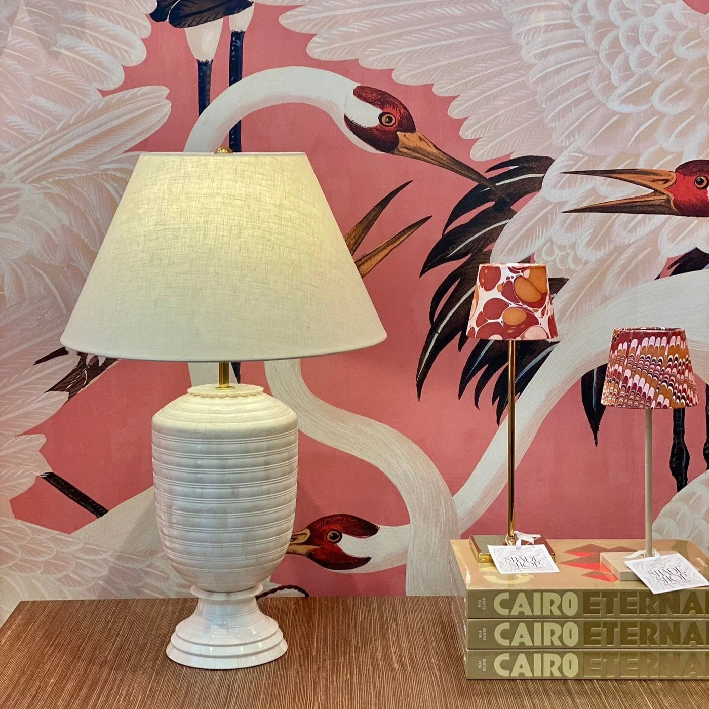 Linen flare lampshade on a bone lamp