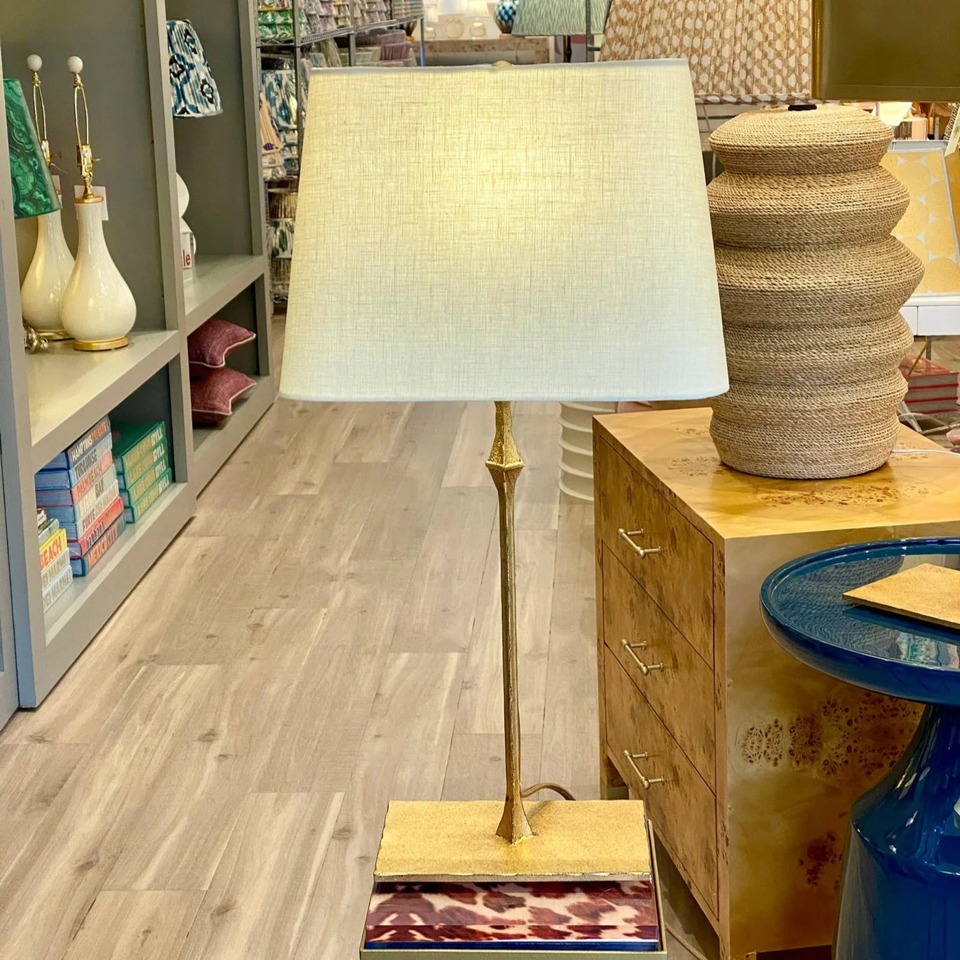 linen tapered rectangle lampshade on a brass lamp