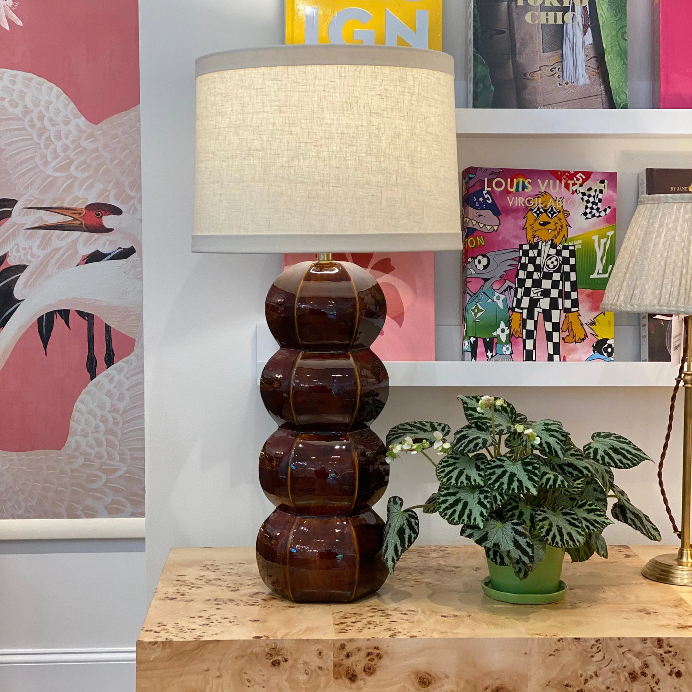 Linen Banded retro drum lampshade on a Hwang Bishop lamp