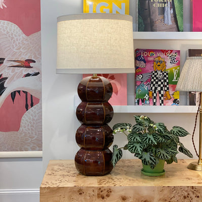 Linen Banded retro drum lampshade on a Hwang Bishop lamp