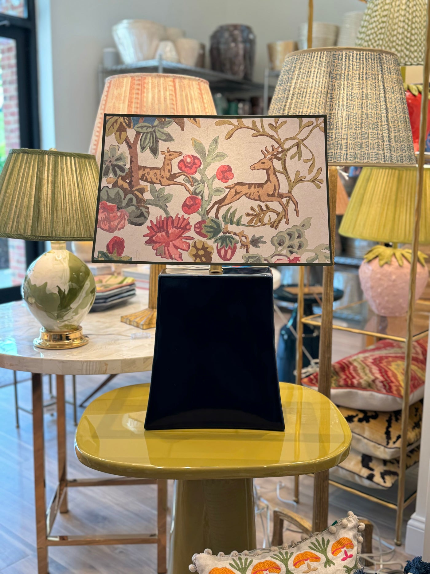 Navy rectangle lamp and Kit Kemp Lampshade