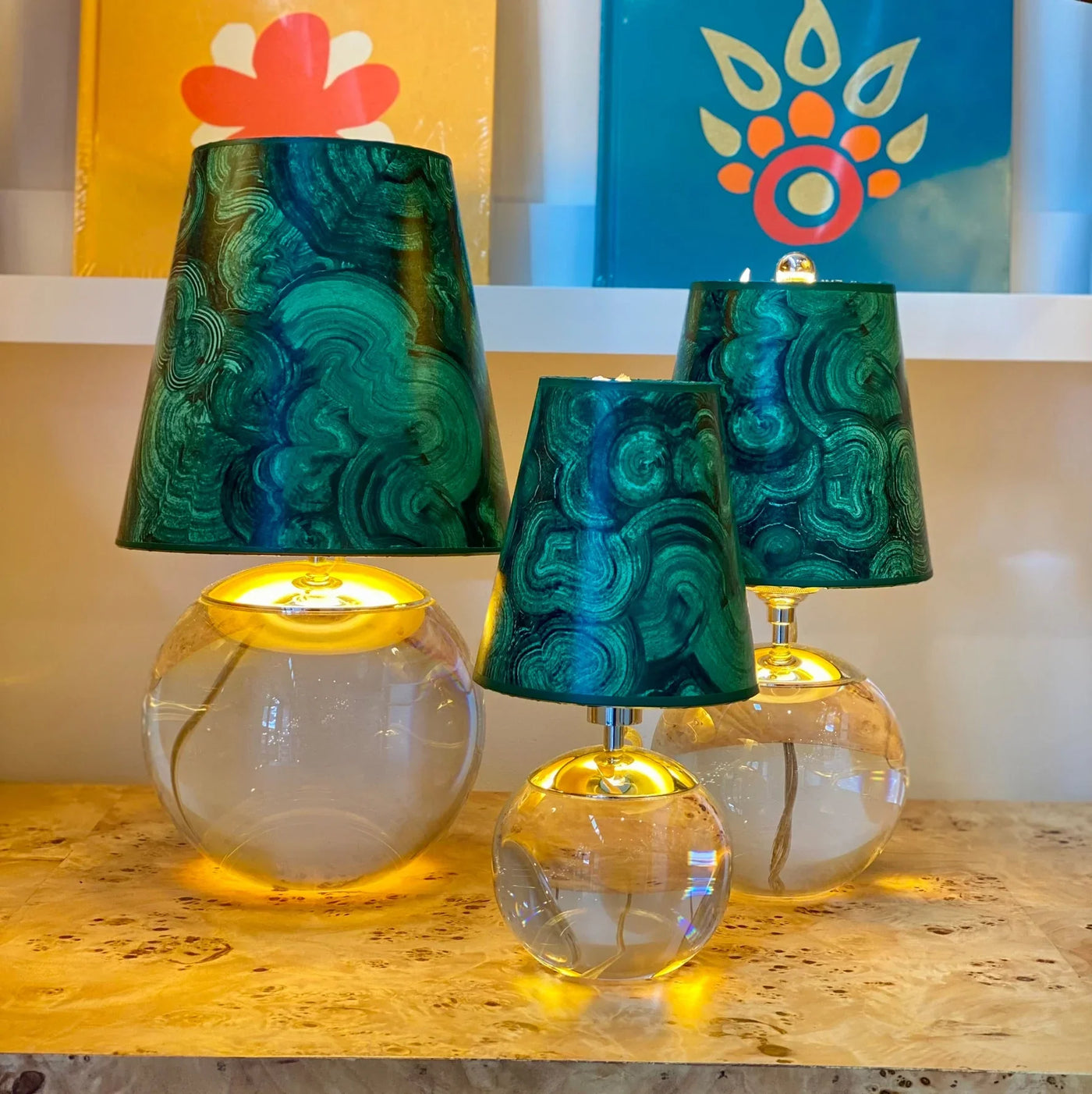 Malachite lampshades on crystal lamps