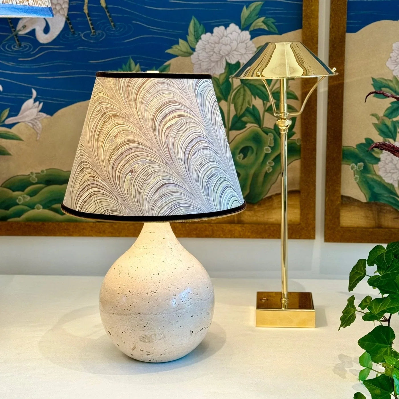 Marbled Paper Lampshade on Travertine Lamp