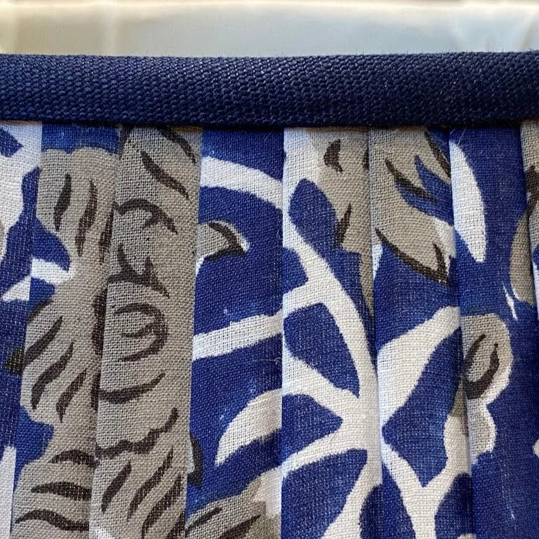 navy and grey block print lampshade close up