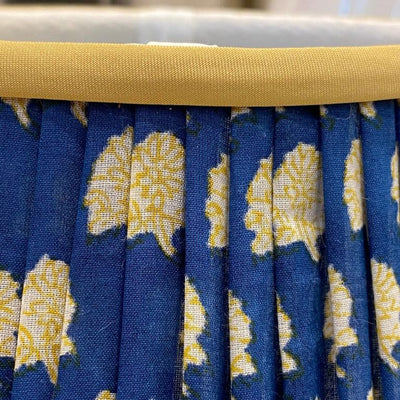 navy gold block print lampshade close up