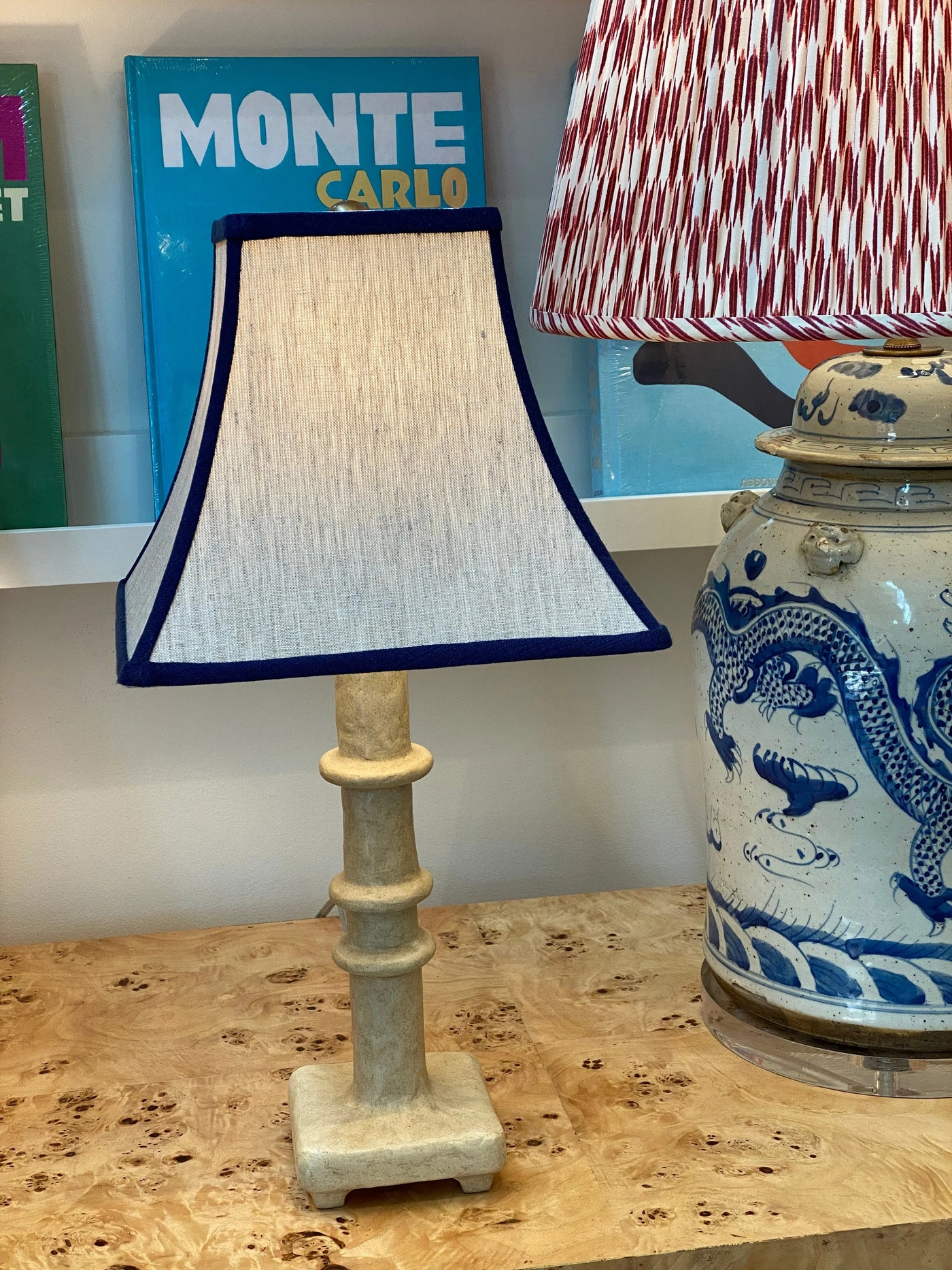 Oatmeal linen lampshade with navy trim