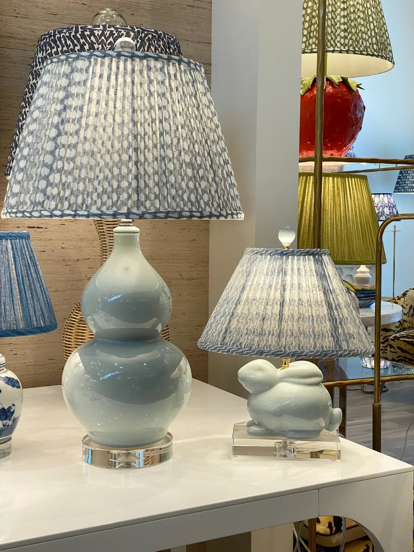 Pale blue lamps with fermoie lampshades