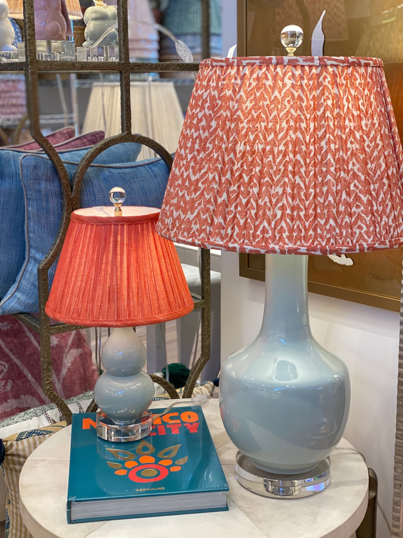 palladian blue lamps and orange fermoie lampshades