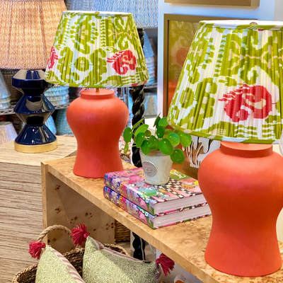 ikat lampshades on orange lamps