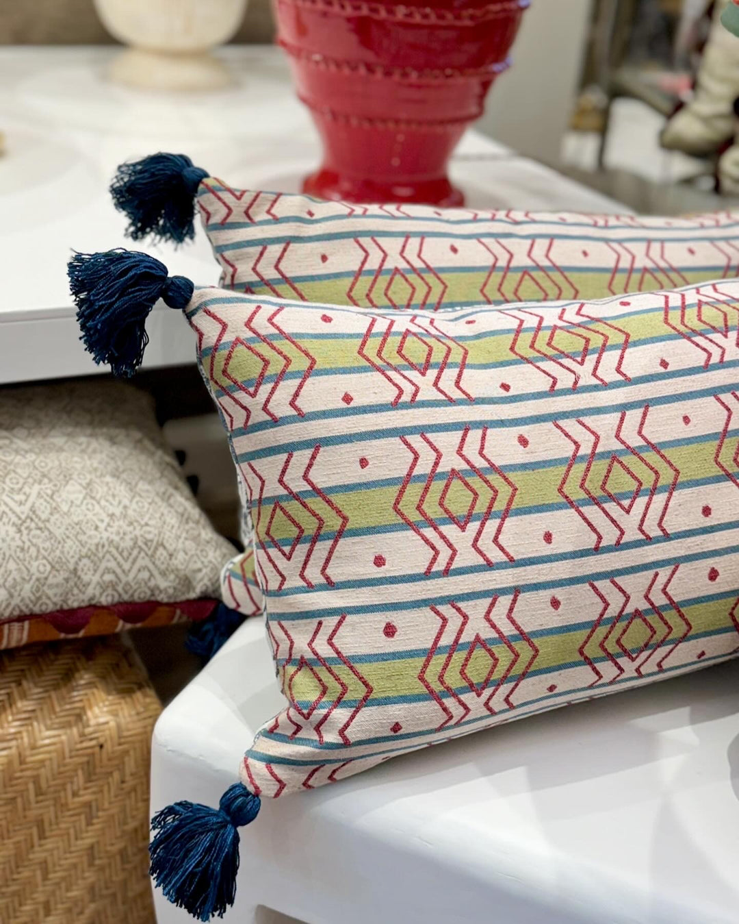 Penny Morrison Azteca Stripe Leaf and Ashok Petrol Cushion with Blue T
