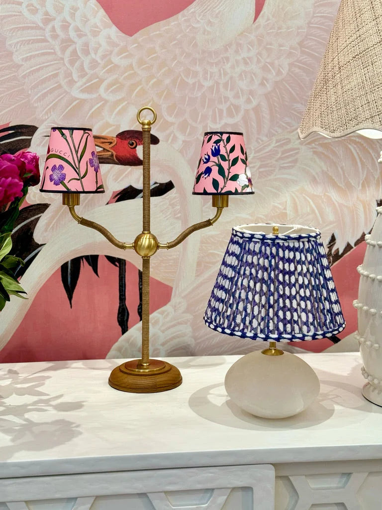 Gucci chandelier shades and Fermoie Indigo Wicker on an alabaster lamp