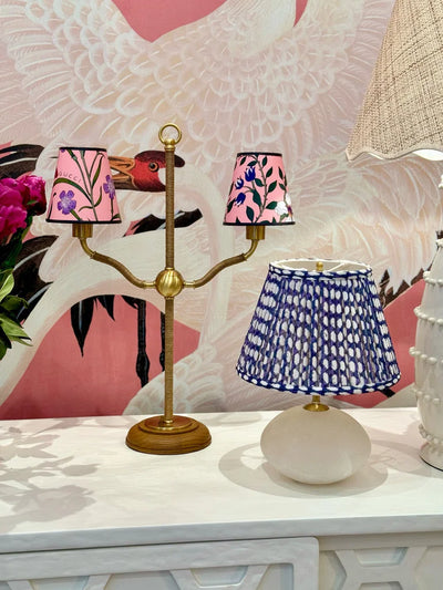 Gucci chandelier shades and Fermoie Indigo Wicker on an alabaster lamp