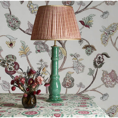 Penny Morrison Pink and White Tribal Lampshade on a green lamp