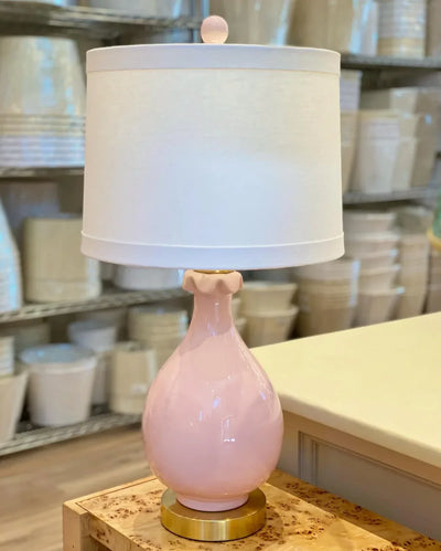 Linen banded retro drum and porcelain pink lamp