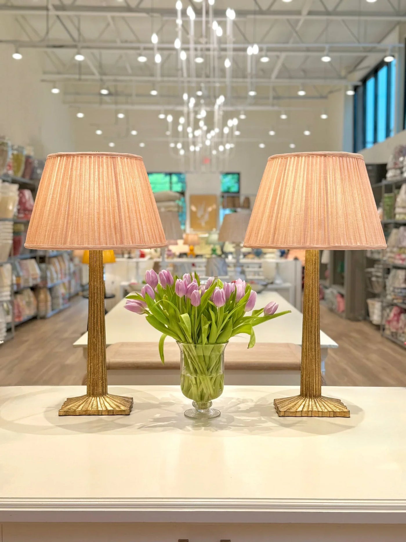 Pink Moire Lampshades on Brass Strie Lamps