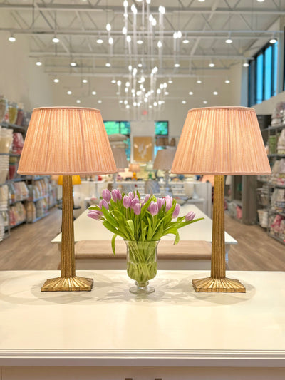 Pink Moire Lampshades on Brass Strie Lamps