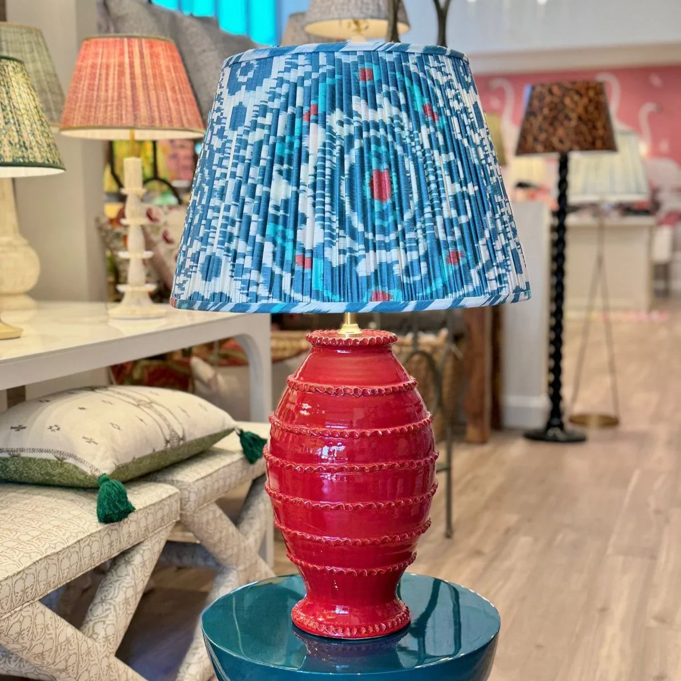 Red Penny Morrison Lamp with an Ikat Lampshade