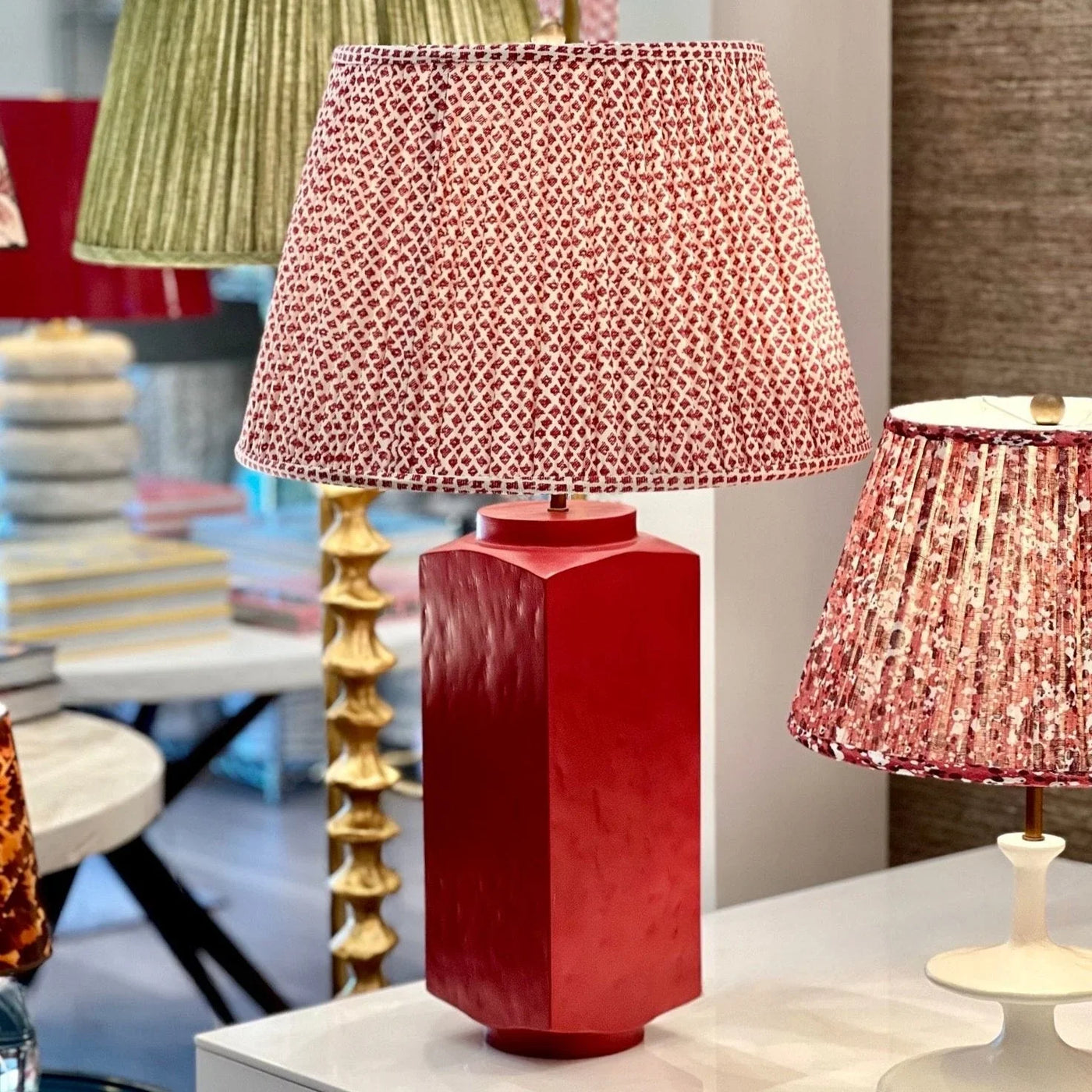 Fermoie Red Marden Lampshade on a red Julian Chichester Lamp