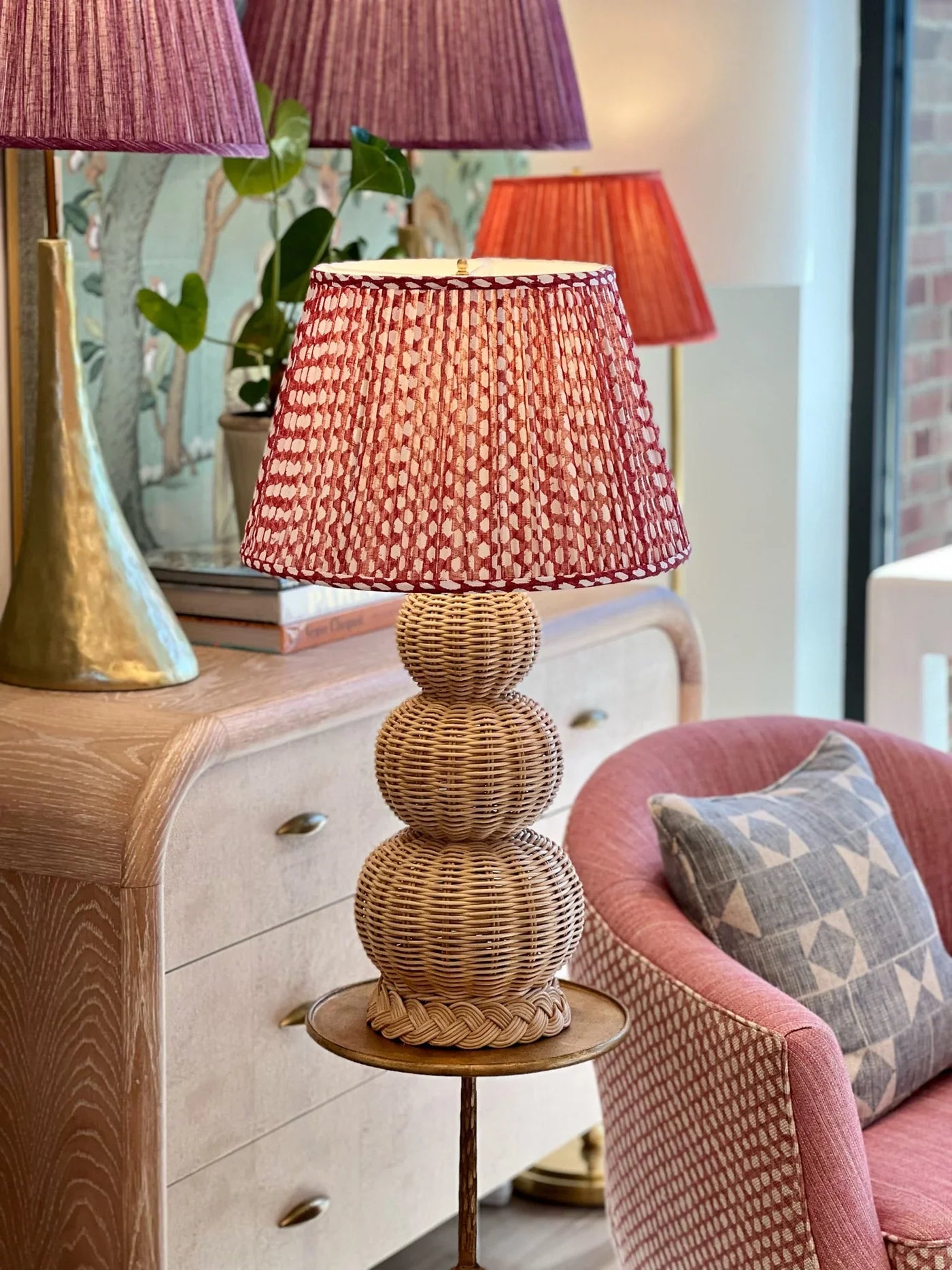 Fermoie Red Wicker Lampshade on a triple gourd lamp