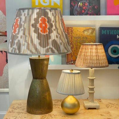 Ikat lampshade on a brass lamp