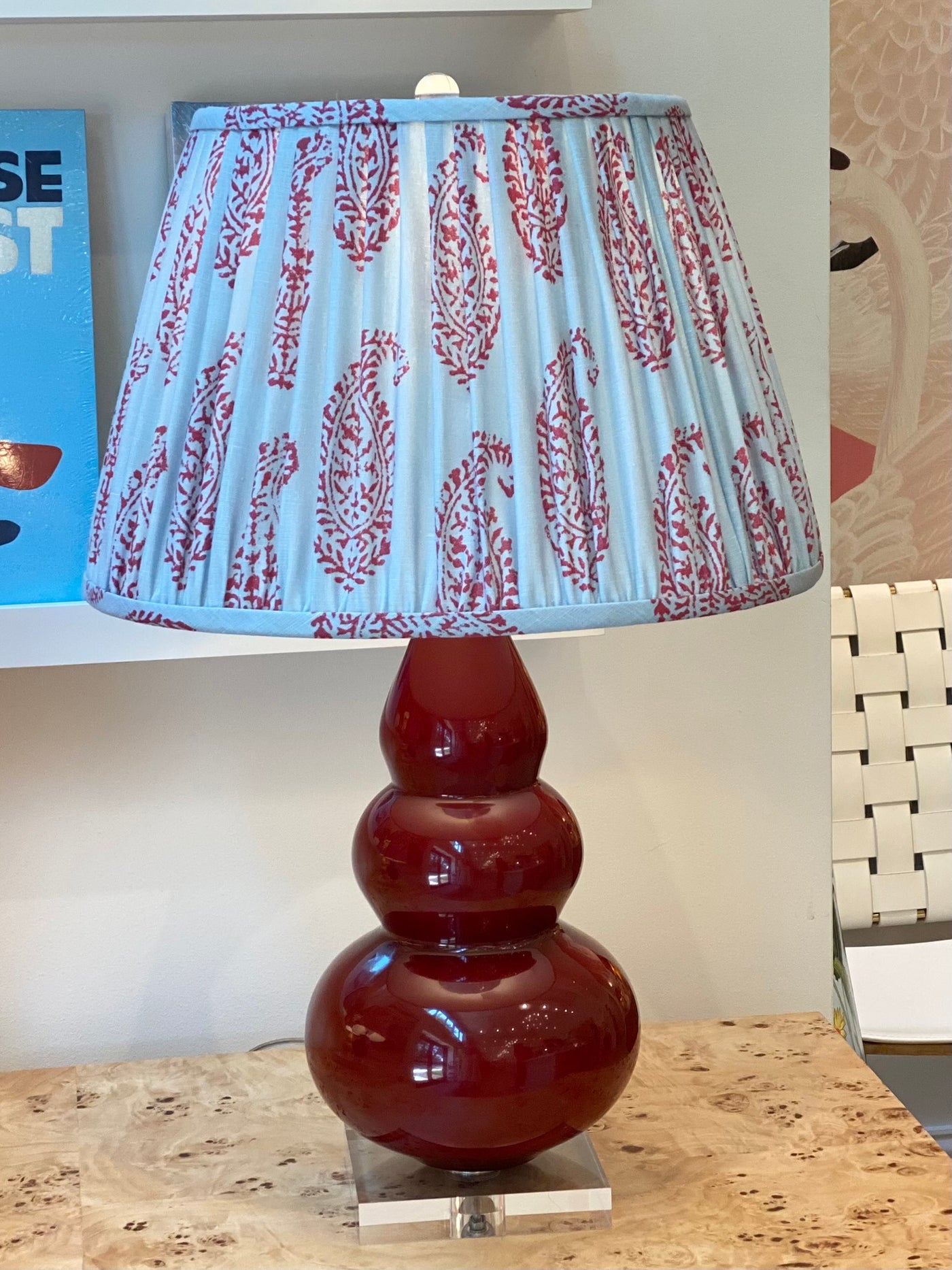 Paisley lampshade on a red lamp