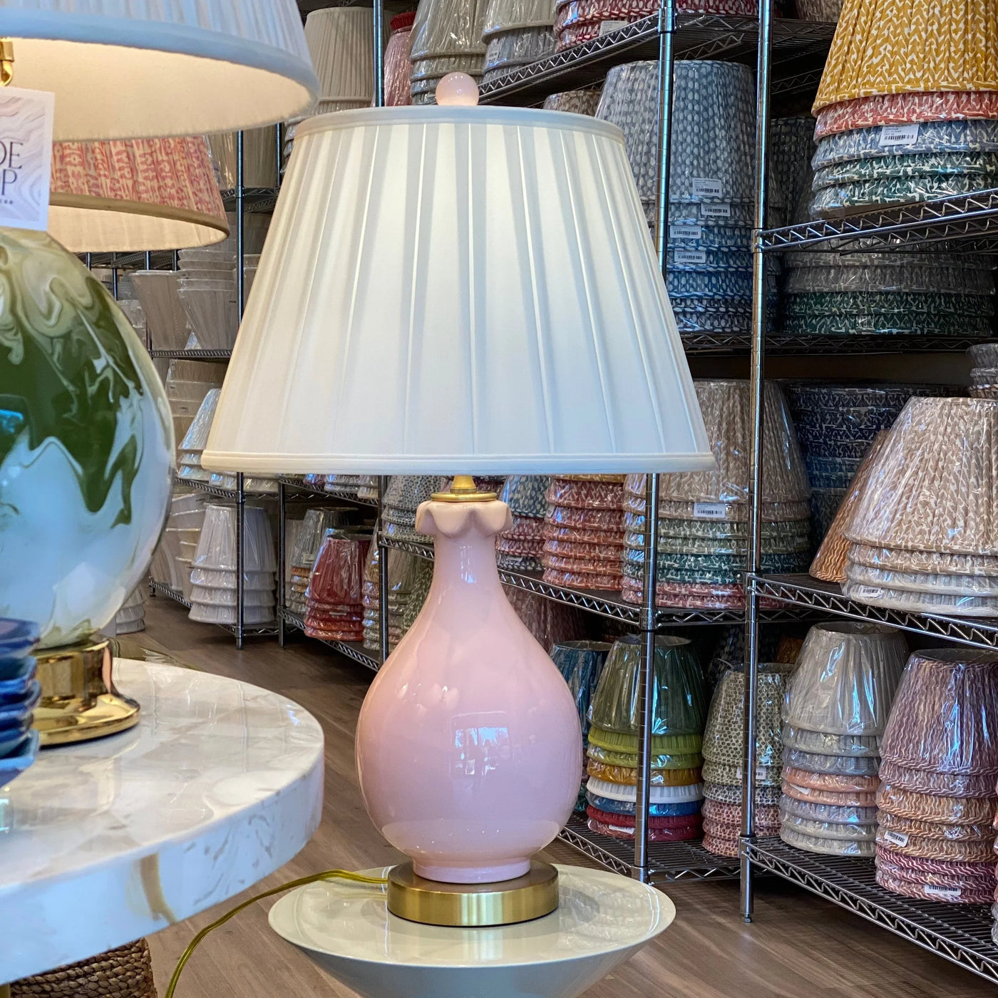Silk Box Pleat Lampshade on a Pink Lamp