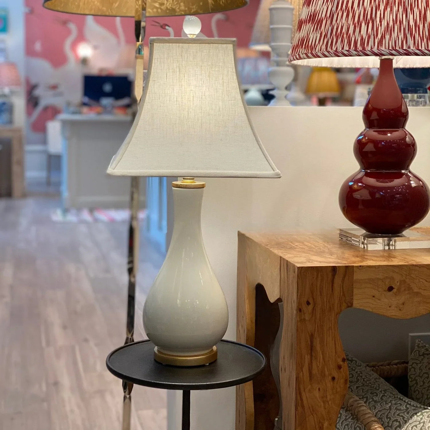 Square bell lampshade on a dove lamp