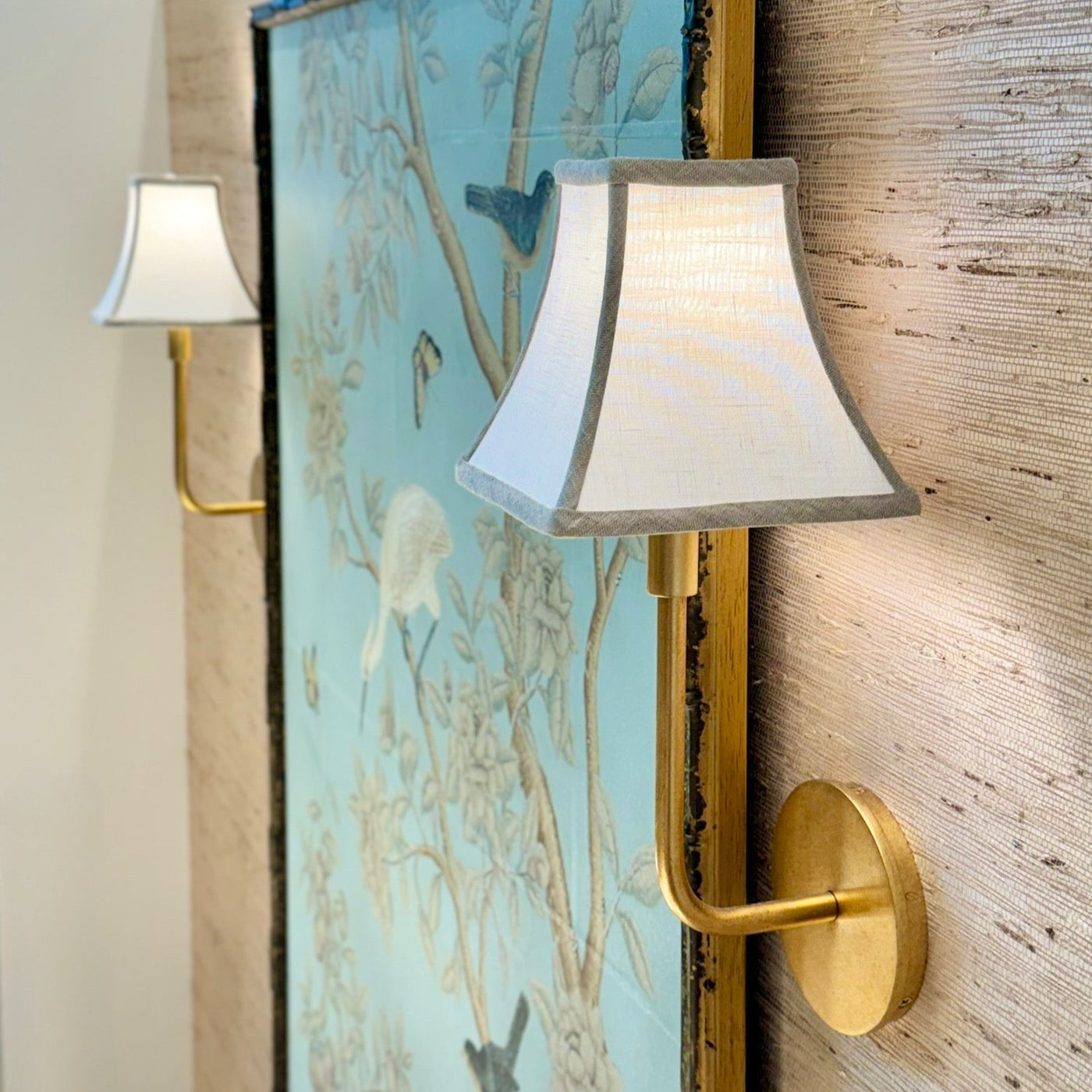 Square bell sconce shade with oatmeal trim