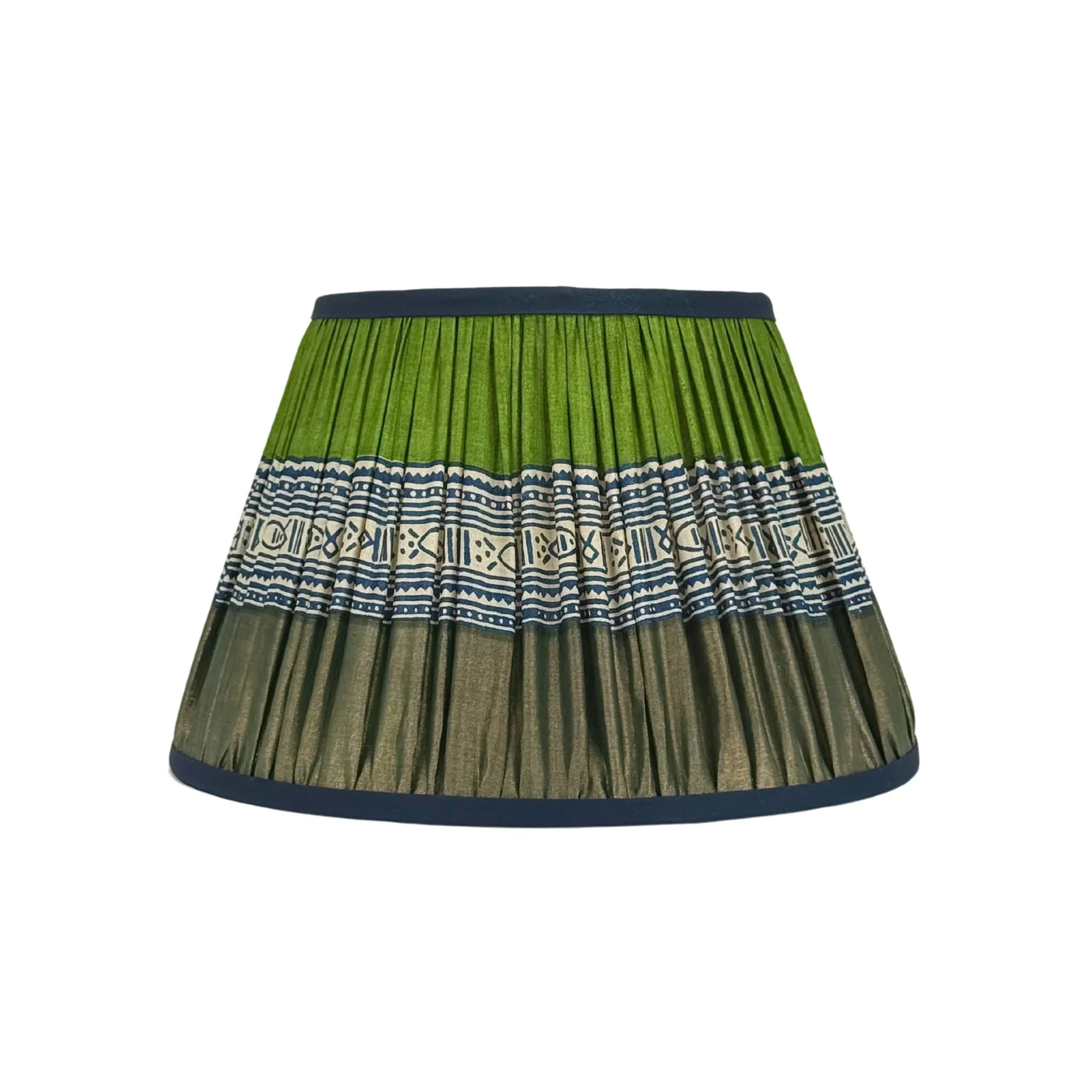 Taupe, Navy & Green Fish Sari Lampshade with Navy Silk Trim