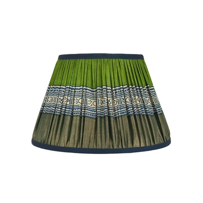 Taupe, Navy & Green Fish Sari Lampshade with Navy Silk Trim