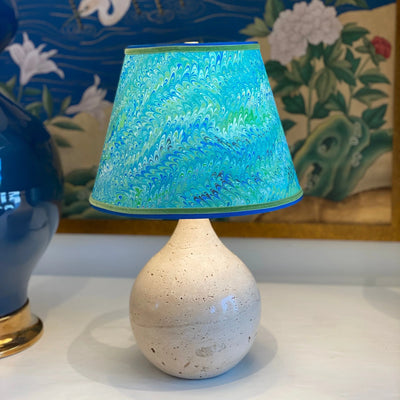 Teal Marbled Lamp Shade on a Travertine Lamp