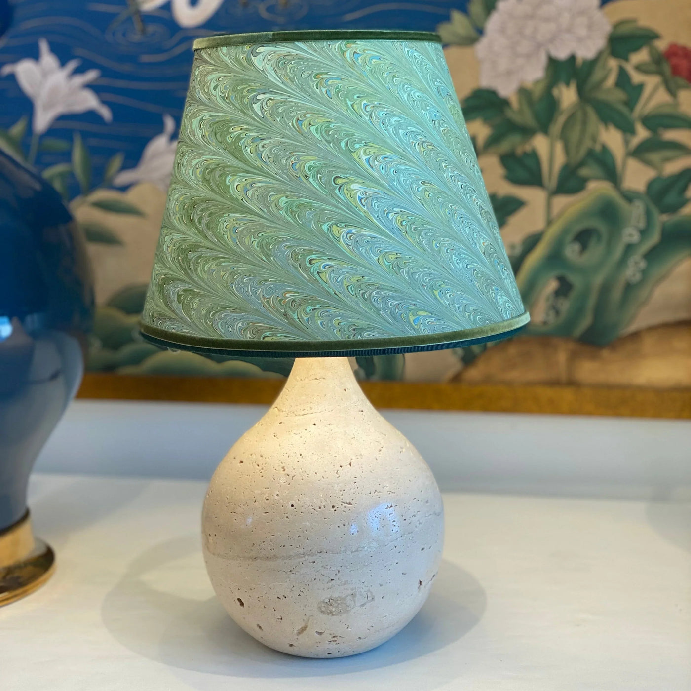 hand made Green Marbled Lampshade on a Travertine Lamp