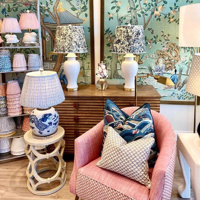 White lamps and marbled paper lampshades