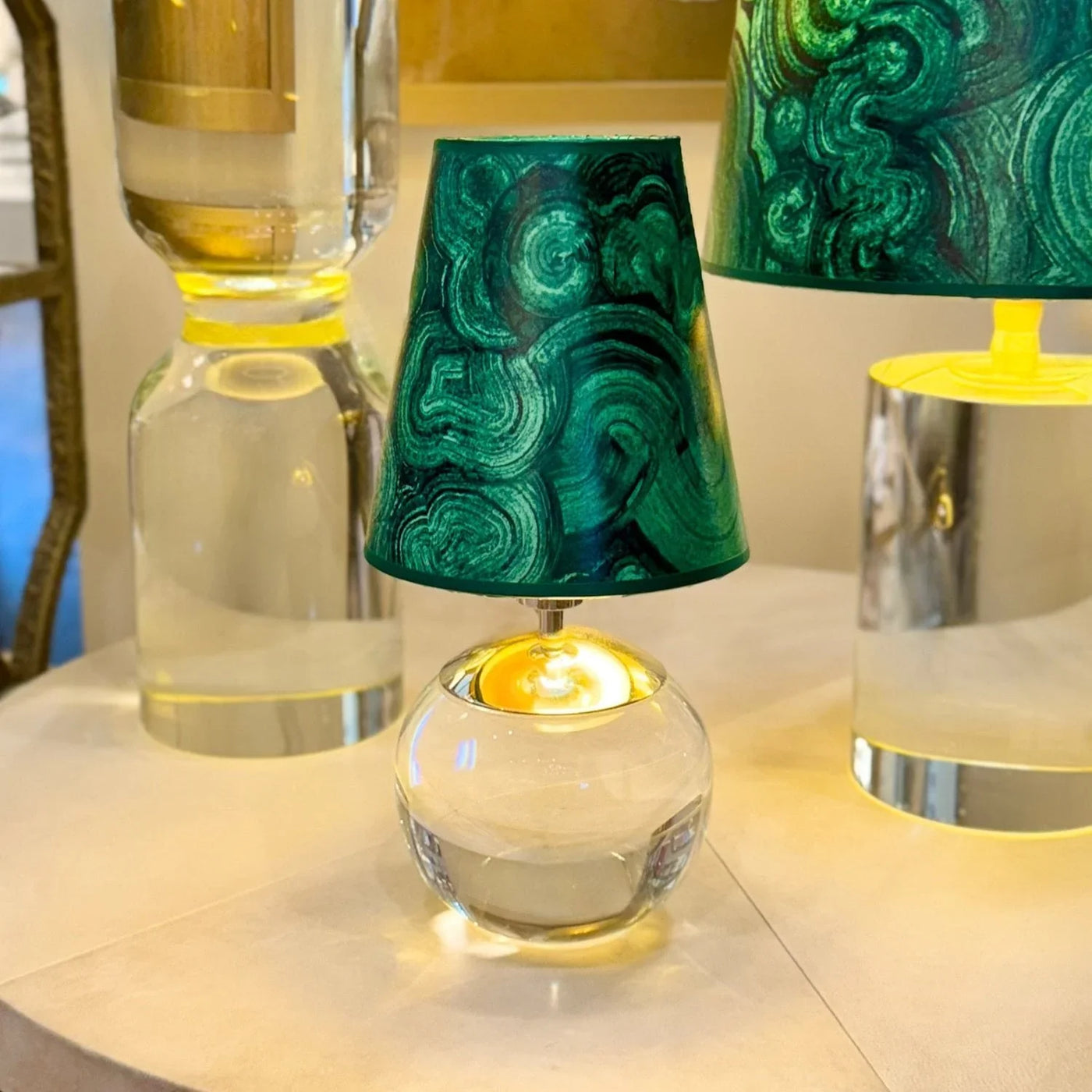 Tiny Terri Lamp with a malachite lampshade