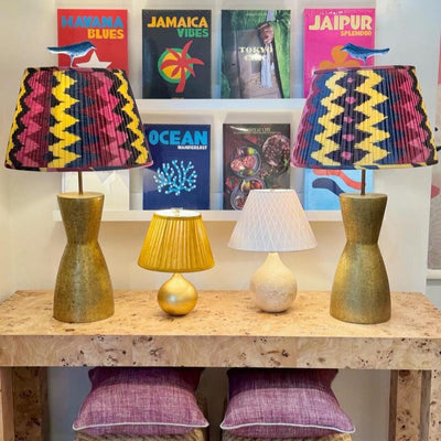 Ikat lampshades on brass lamps