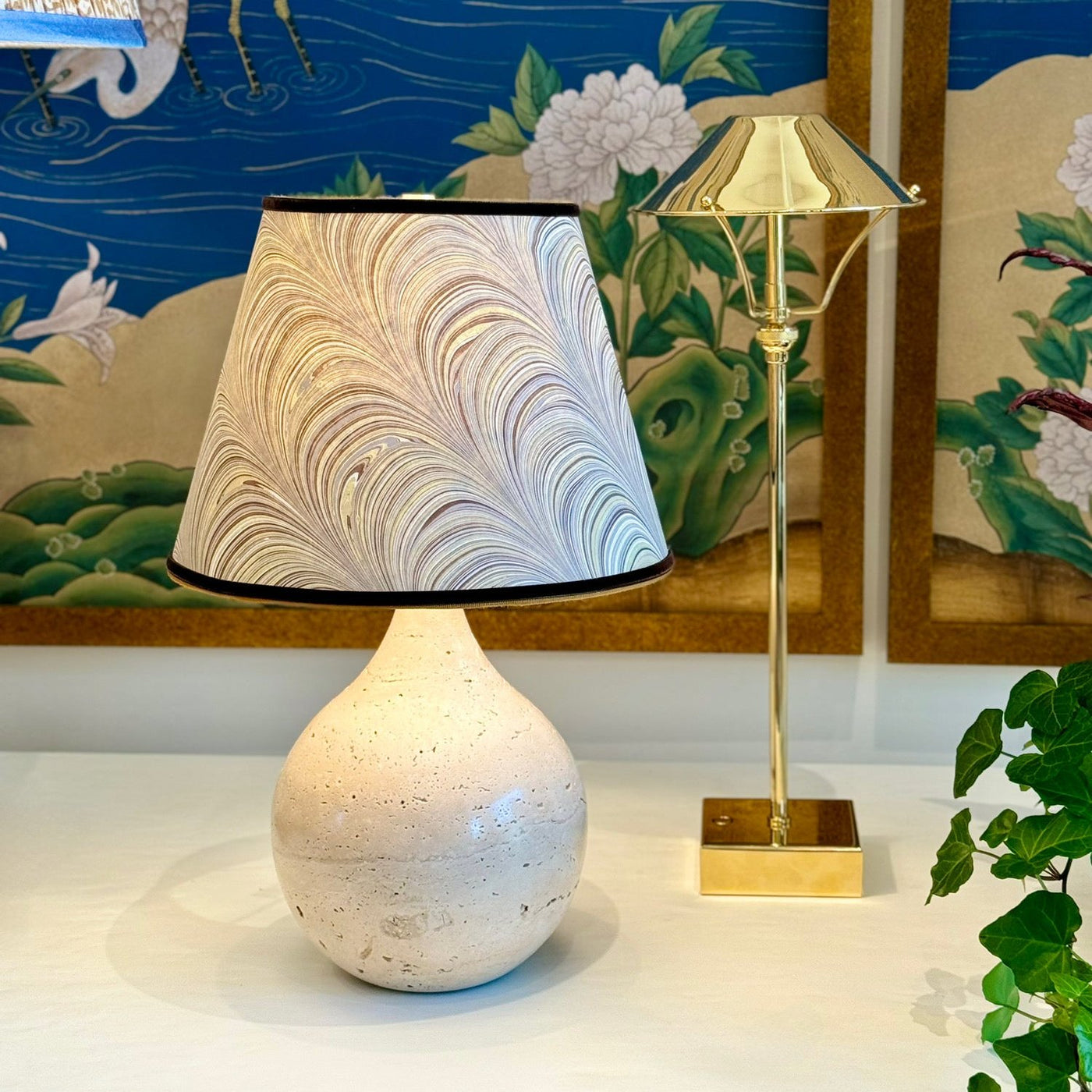 Travertine lamp and marbled paper lampshade