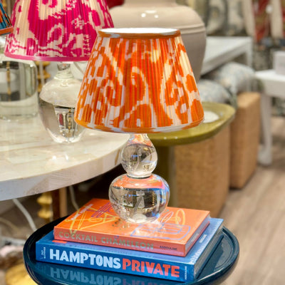 Mini glass lamp and orange ikat lampshade