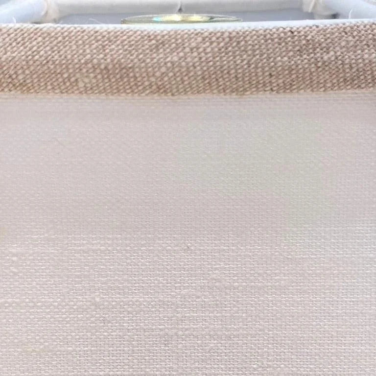 white linen lampshade with oatmeal tirm close up