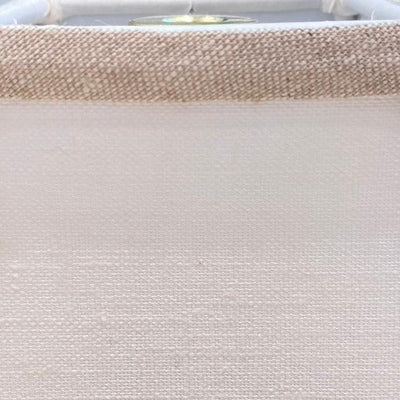 white linen lampshade with oatmeal tirm close up