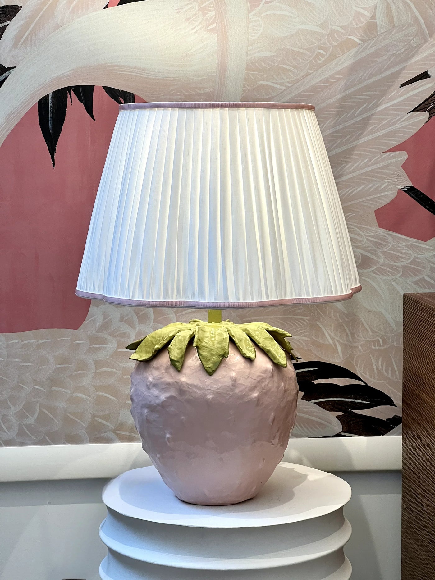 White Pleated Linen Scalloped Lampshade with Light Pink Trim on a Strawberry lamp