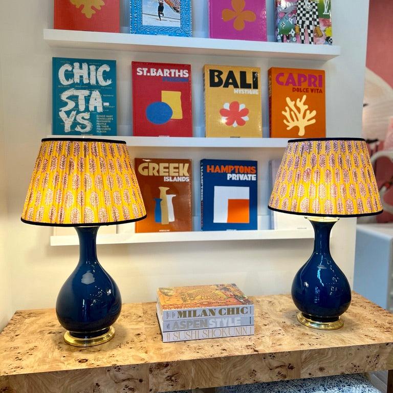yellow block lampshade on navy lamps